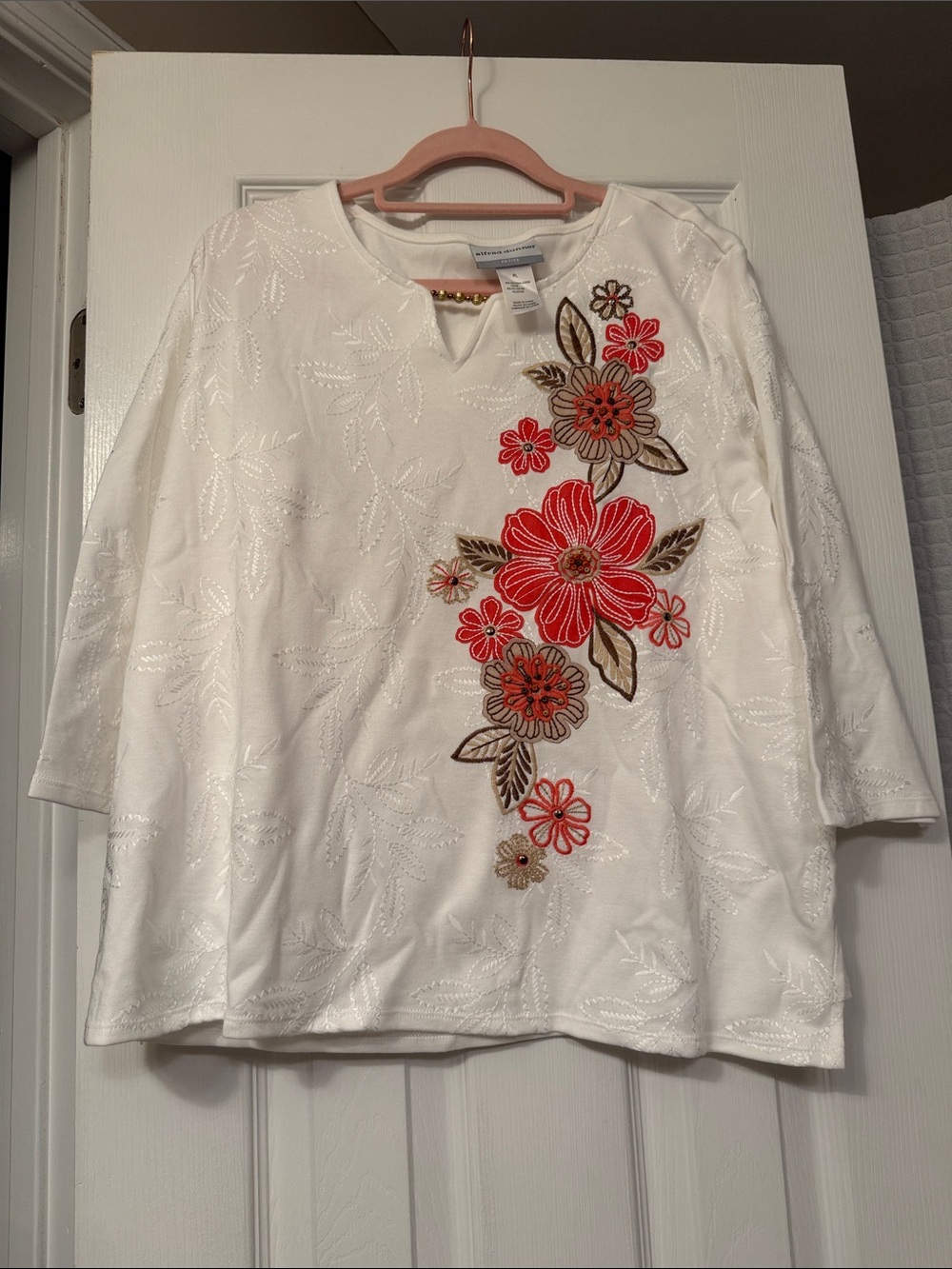 Alfred Dunner White Tunic with Red and Brown Floral Embroidery